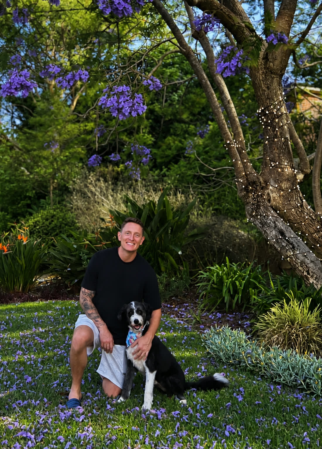 Jack Greentree with his dog Schooner at home in Belrose